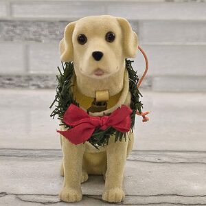 Vintage Flocked Yellow Lab Dog Ornament Christmas Wreath Red Bow Holiday 4"